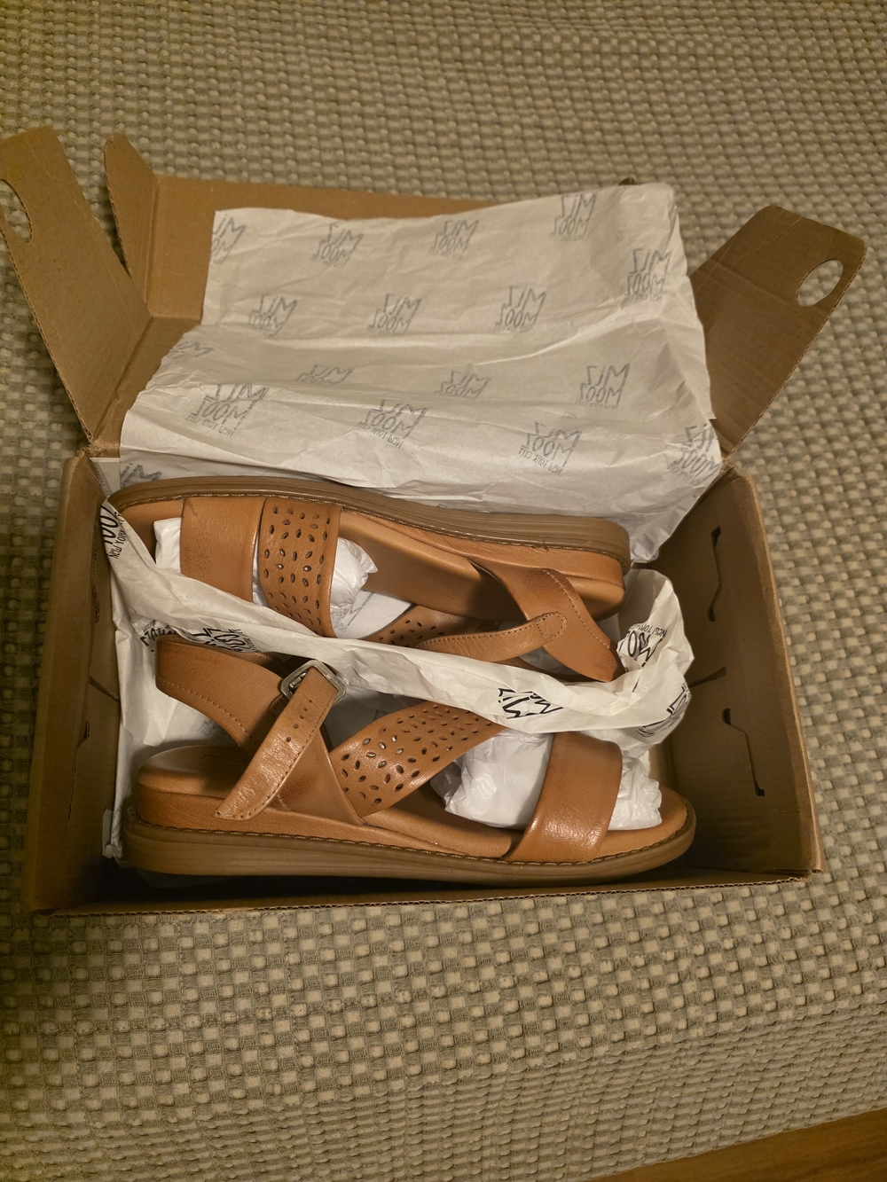 Miz Mooz Cognac Leather Womens Sandals with Perforated Straps
